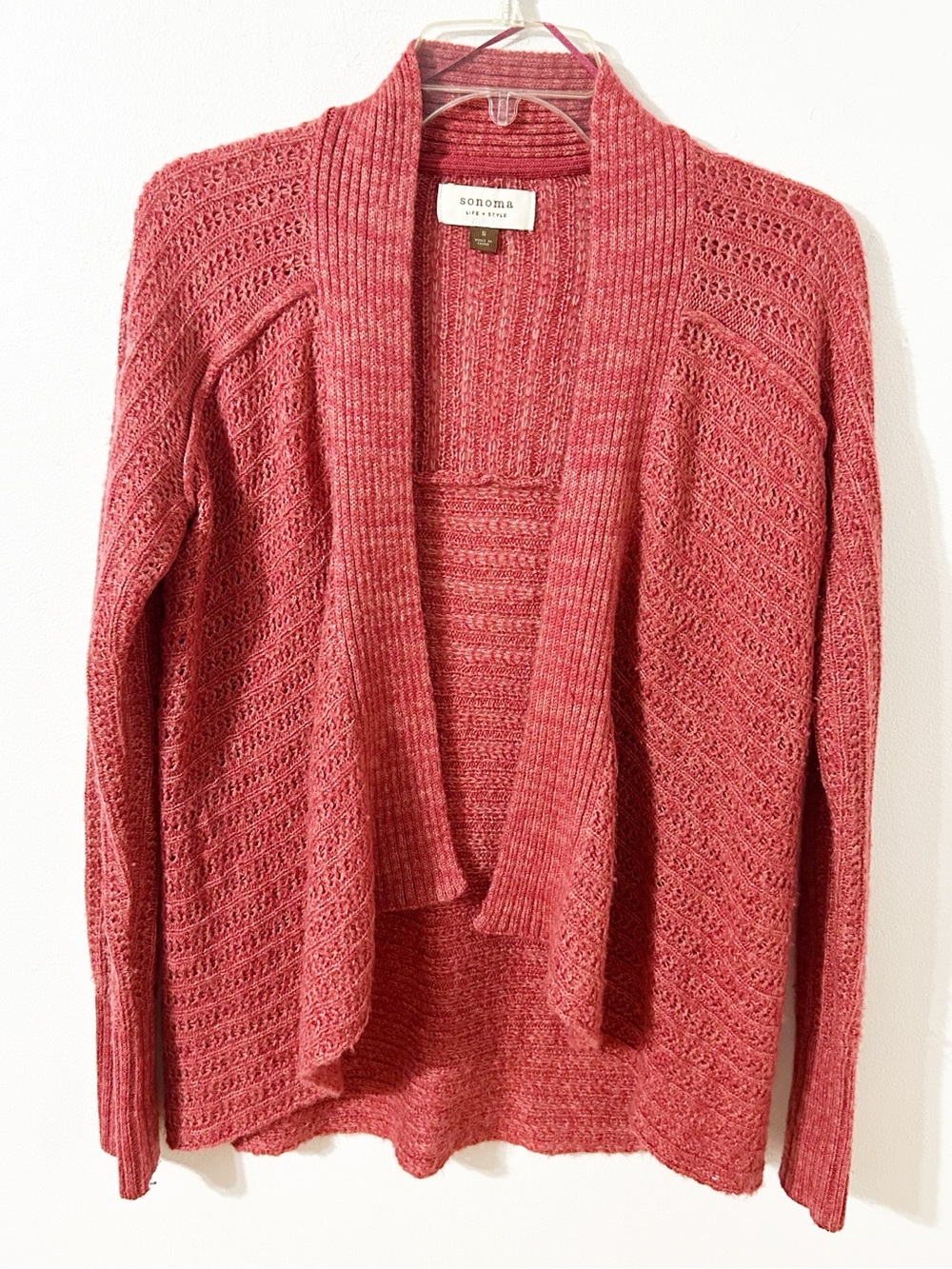 Sonoma Life  Style Coral Pink Open Front Chunky Knit Cardigan Sweater Size Small